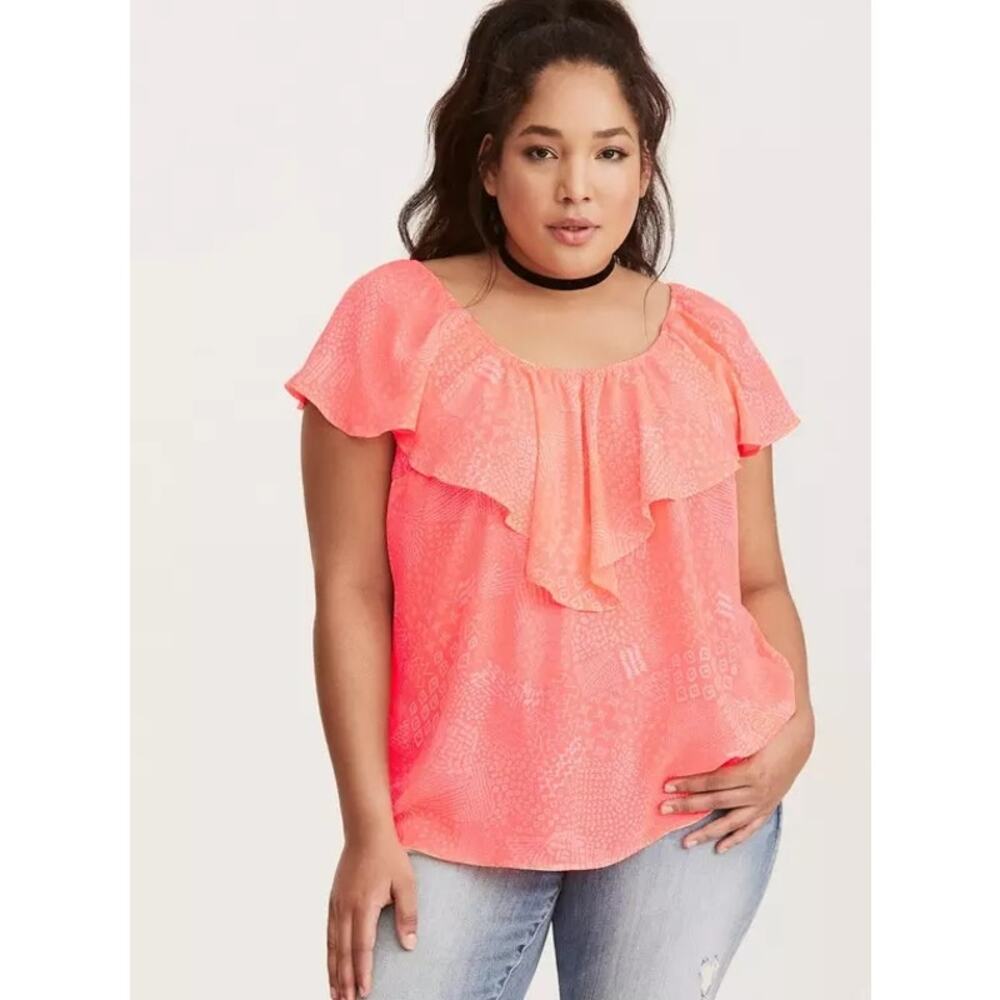 Torrid Neon Coral & White Doodle Print Georgette Ruffle Blouse Women's 2X